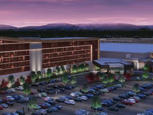 Rendering of large parking lot in front of large resort and casino