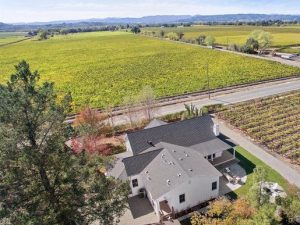 aerial view of barnyard house with surrounding vineyard