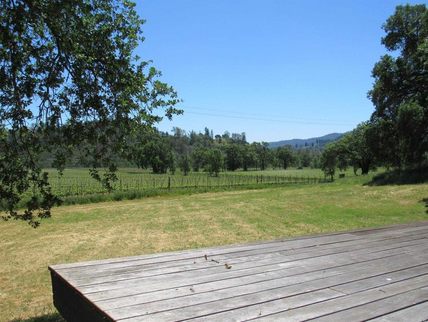 empty deck with vineyard in distance