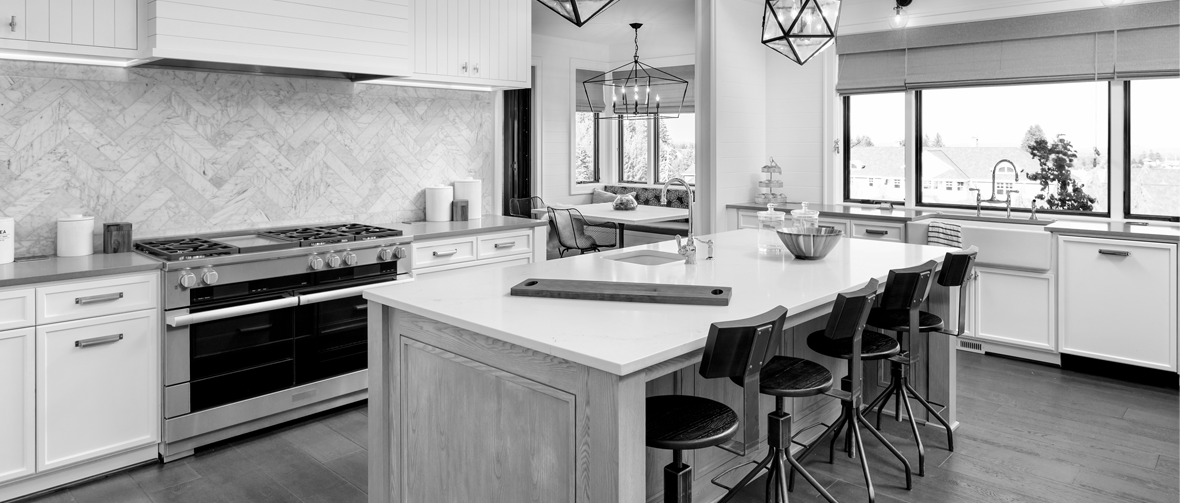 black and white picture of modern farmhouse kitchen