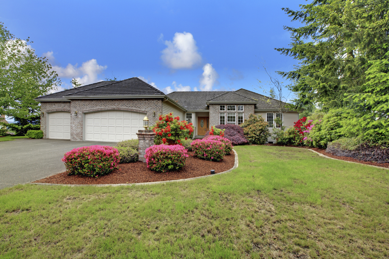 Luxury house exterior with flowers and lawn space