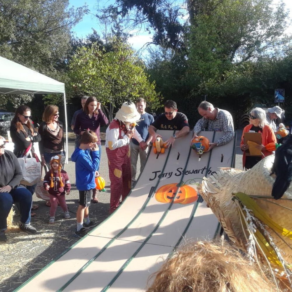 Competitors gather around a decorated ramp and get ready to race their pumpkins. Onlookers stand around the ramp.